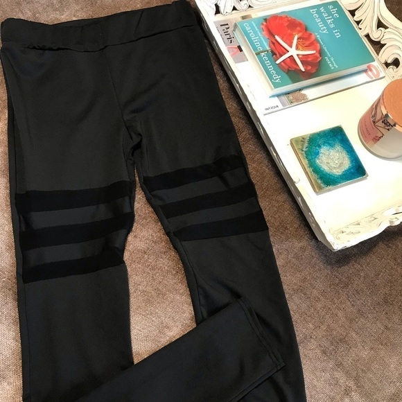 Black Workout Leggings with Mesh Stripes - Picture 1 of 6